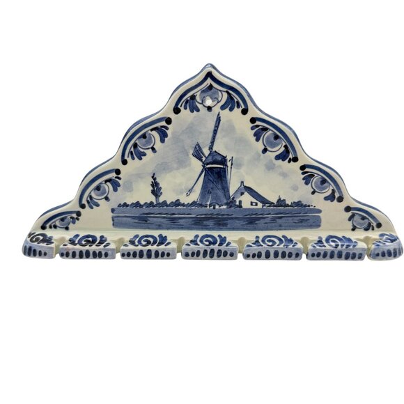 VTG Delft Holland Blue White Windmill Hanging 6 Spoon Holder Display Rack - Picture 1 of 7
